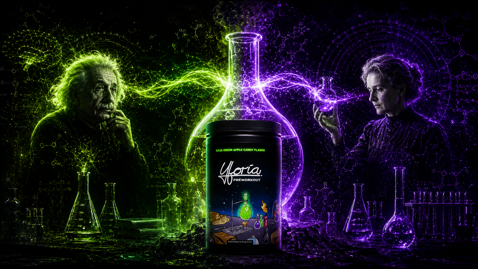 Yforia Preworkout Sour Green Apple Candy tub in a neon neuro-alchemy lab scene