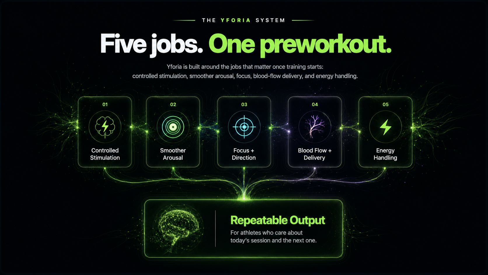 The Yforia system: five connected formula jobs—controlled stimulation, smoother arousal, focus and direction, blood flow and delivery, and energy handling—culminating in repeatable output.
